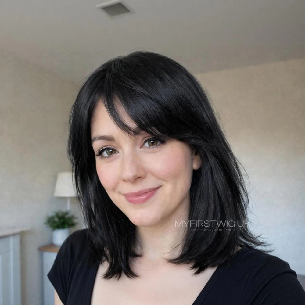 Wig For Hair Loss - Jet Black Bob With Curtain Bangs 9x9" HD Swiss Lace Topper Human Hair Wig - WHLT015